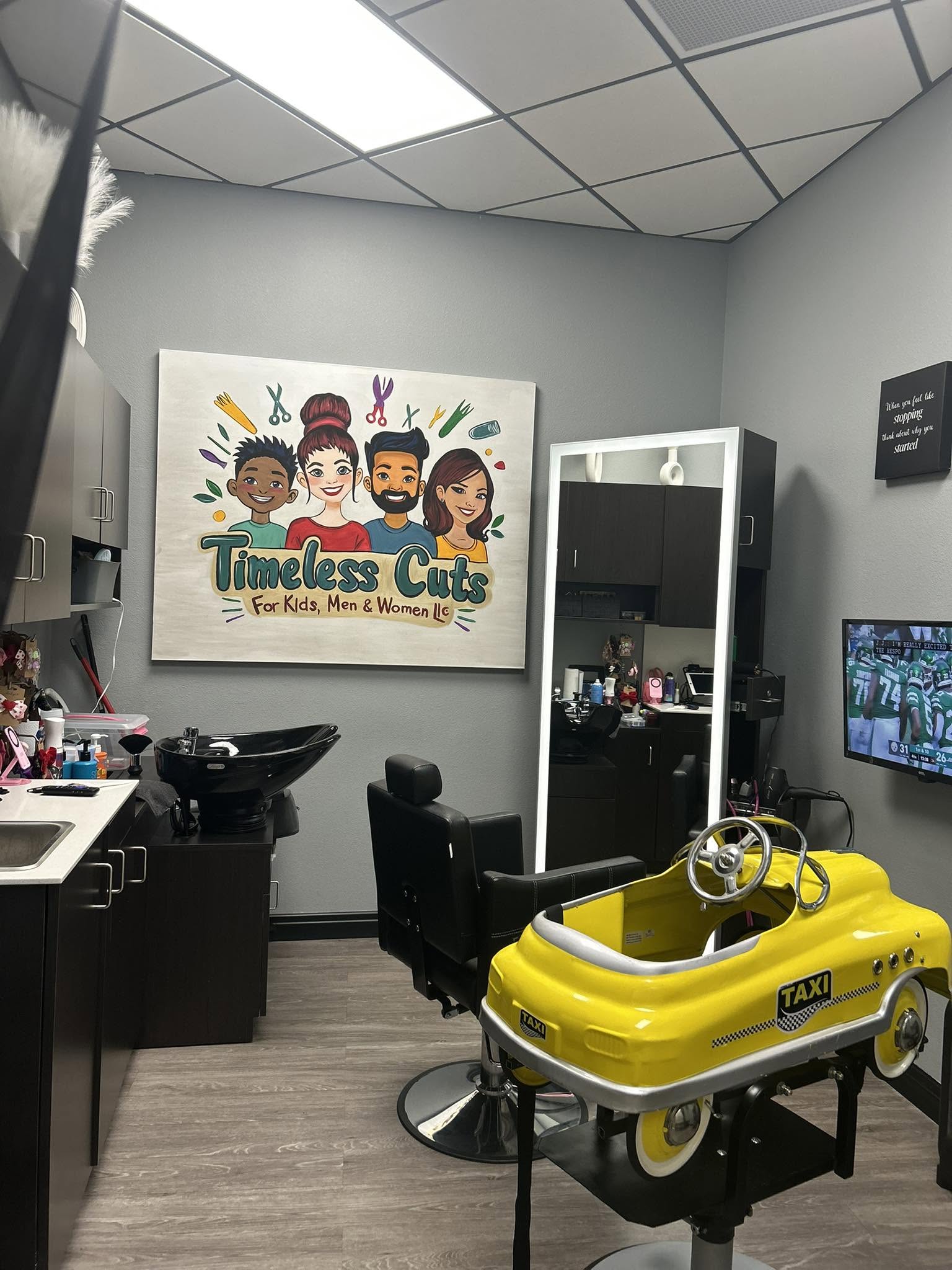Timeless Cuts salon room with car chair